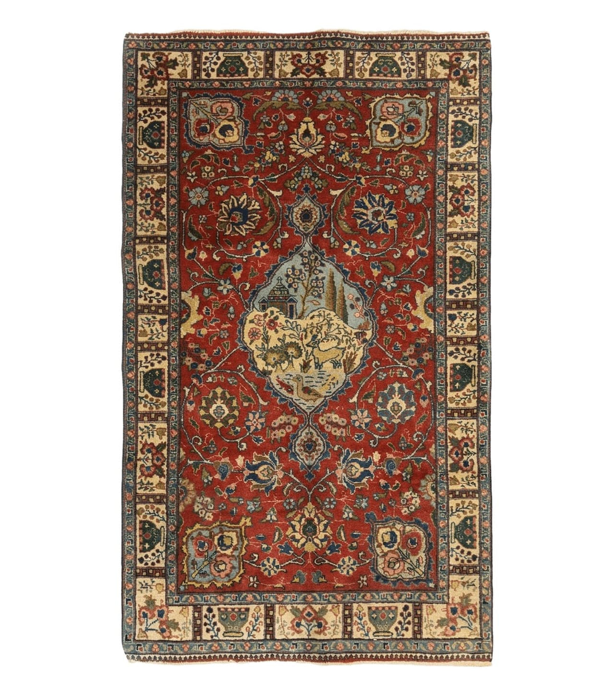 Small Persian Tabriz Rug 2.8 x 4.7, Red, Animal Pictorials, Semi Antique Vintage - Jewel Rugs