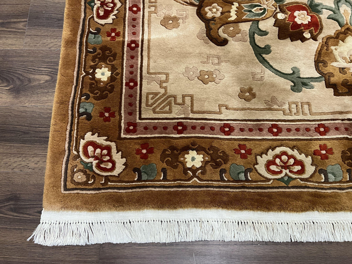 Chinese Wool Rug 5.9 x 9, Tan and Brown Asian Art Deco Carpet, Vintage 1960s Oriental Rug, Hand-Knotted Rug, Soft Wool, Medallion, Pair B - Jewel Rugs, view 9