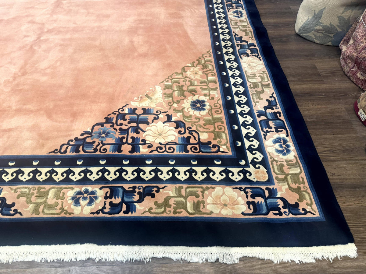 Chinese Wool Rug 11x18, Palace Sized Chinese Carpet, Peking Rug, Peach and Blue, Open Field, Simple Design, Art Deco Rug, Large Handmade Rug - Jewel Rugs, view 10