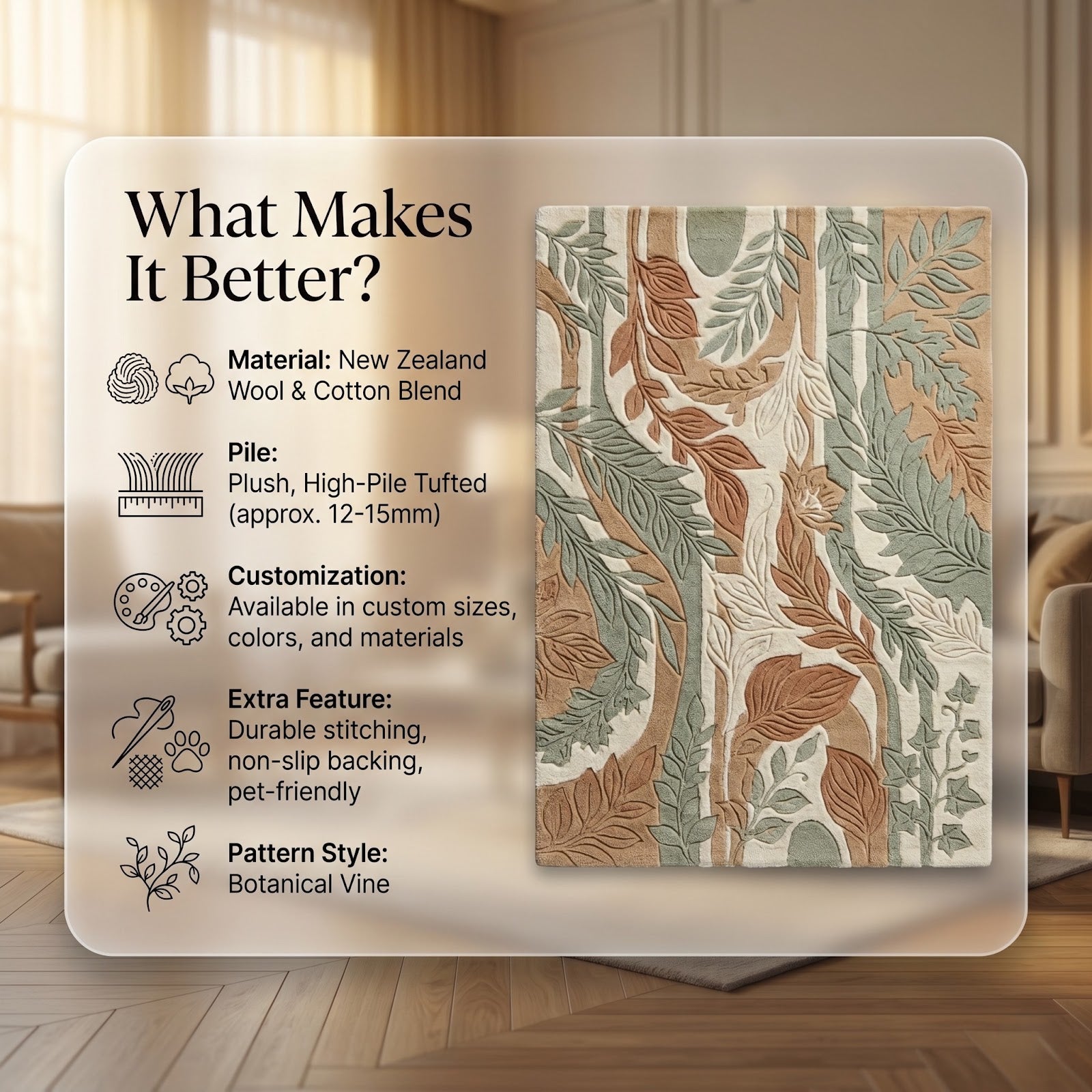 Botanical Forest Hand Tufted Wool Rug | Sage Green & Terracotta Leaf Pattern Nature Inspired Area Rug — 2x3 ft'