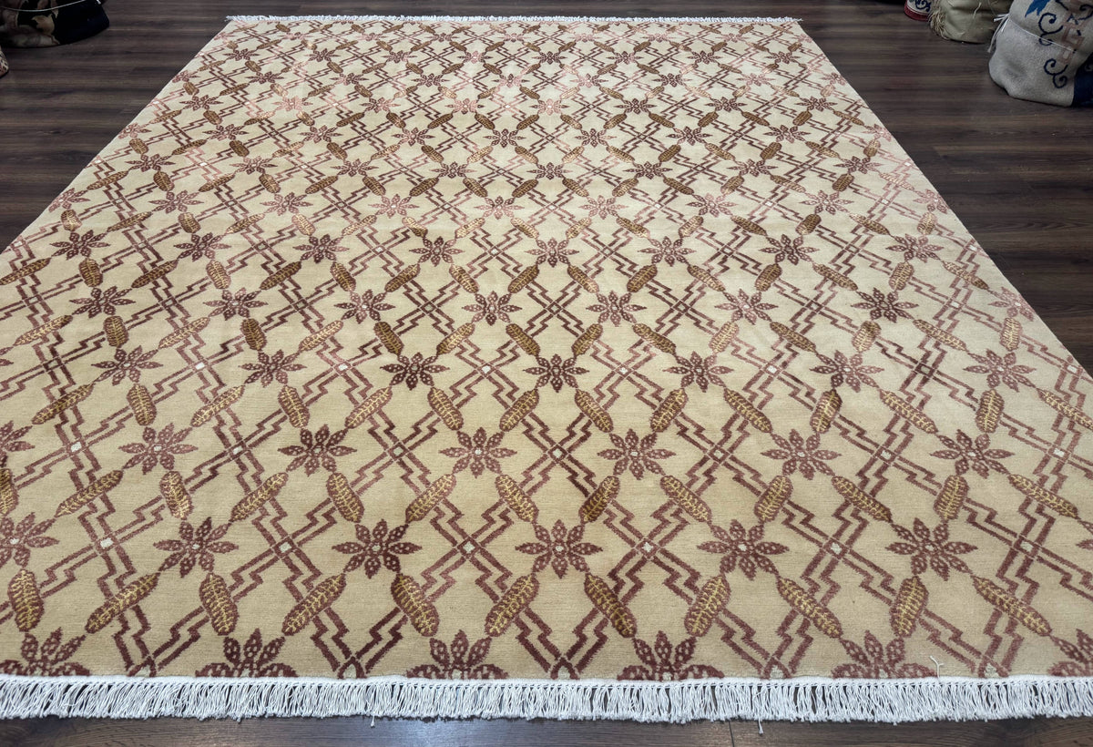 Tibetan Rug 8x10, Wool with Silk Highlights, Beige and Maroon, Contemporary Carpet - Jewel Rugs, view 2