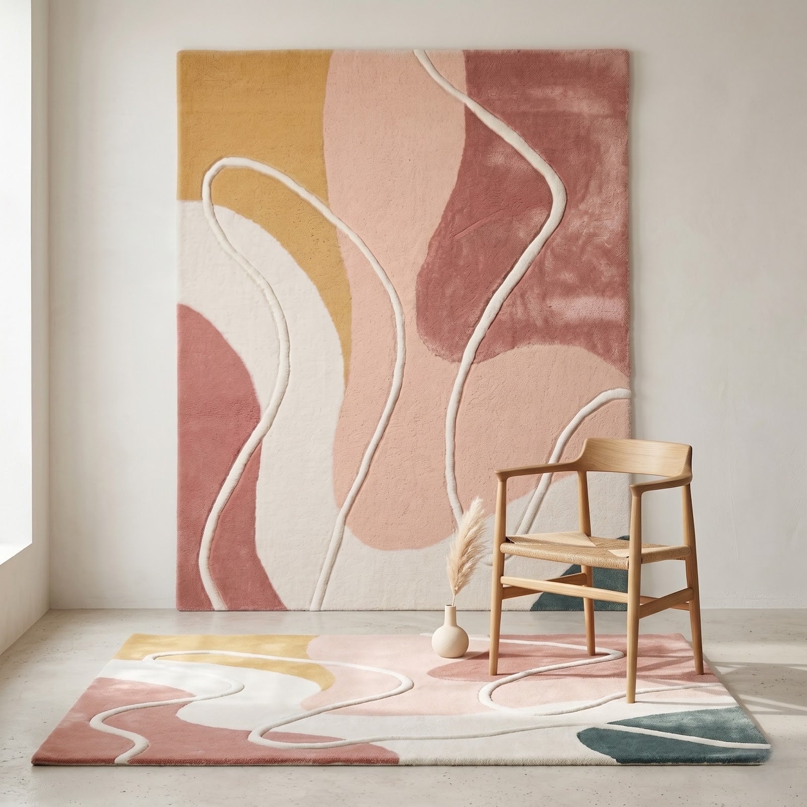 Modern Abstract Hand Tufted Wool Rug | Blush Pink Organic Line Art Area Rug — 2x3 ft'