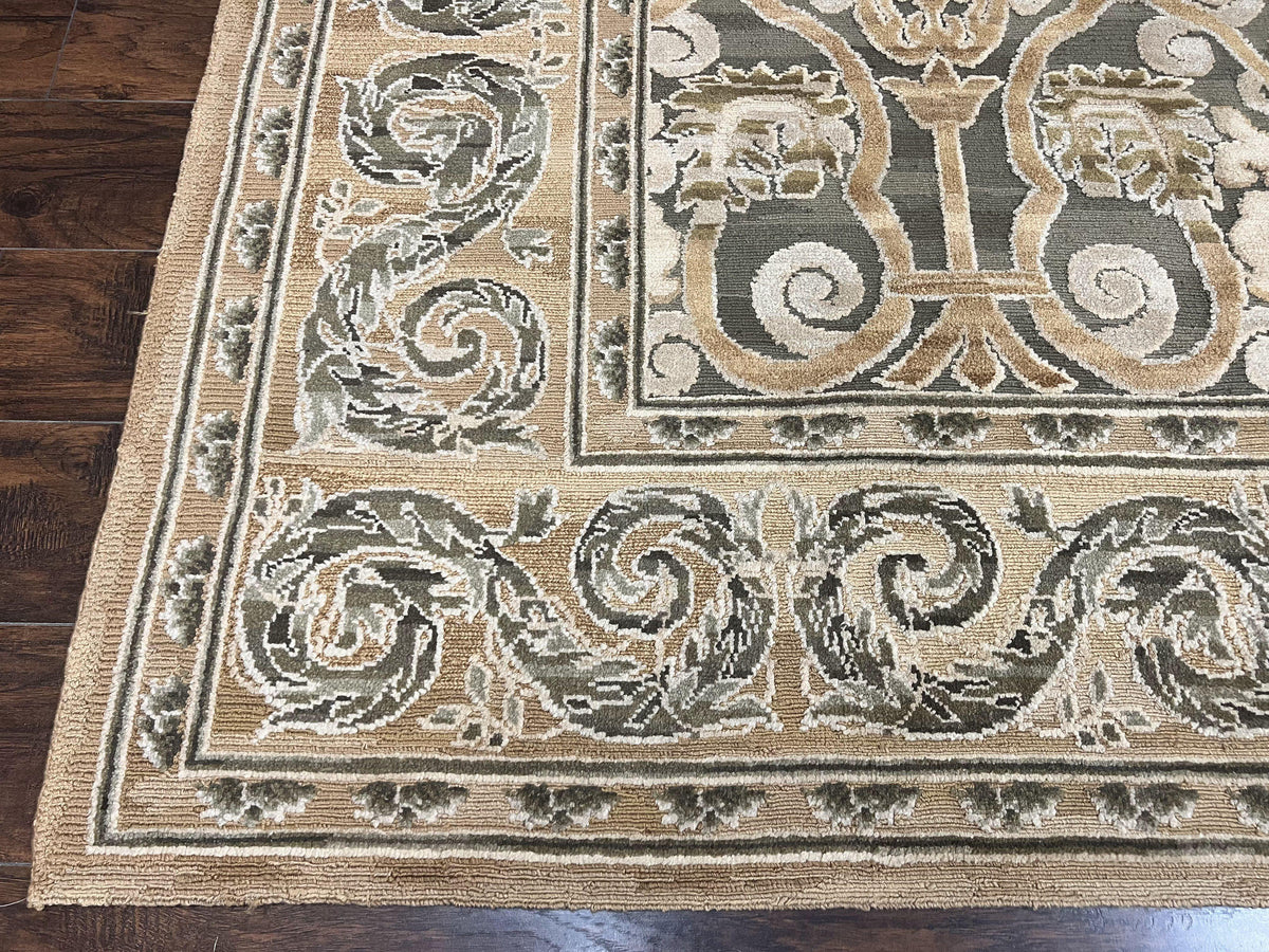 Spanish Rug 11x14, Wool Hand Knotted Vintage Carpet, Olive Green and Beige, Floral Allover, European Design, 11 x 14 Rug - Jewel Rugs, view 9