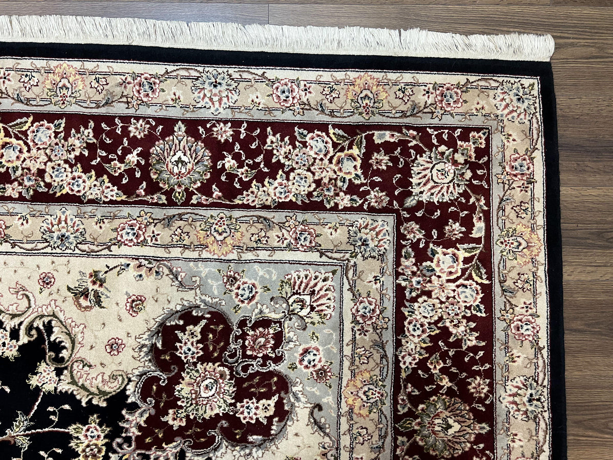 Pak Persian Rug 8.8 x 10.6, Floral Medallion, Wool and Silk Hand Knotted Fine Oriental Carpet, Elegant Rug, Black Gray Burgundy, Room Sized - Jewel Rugs, view 7