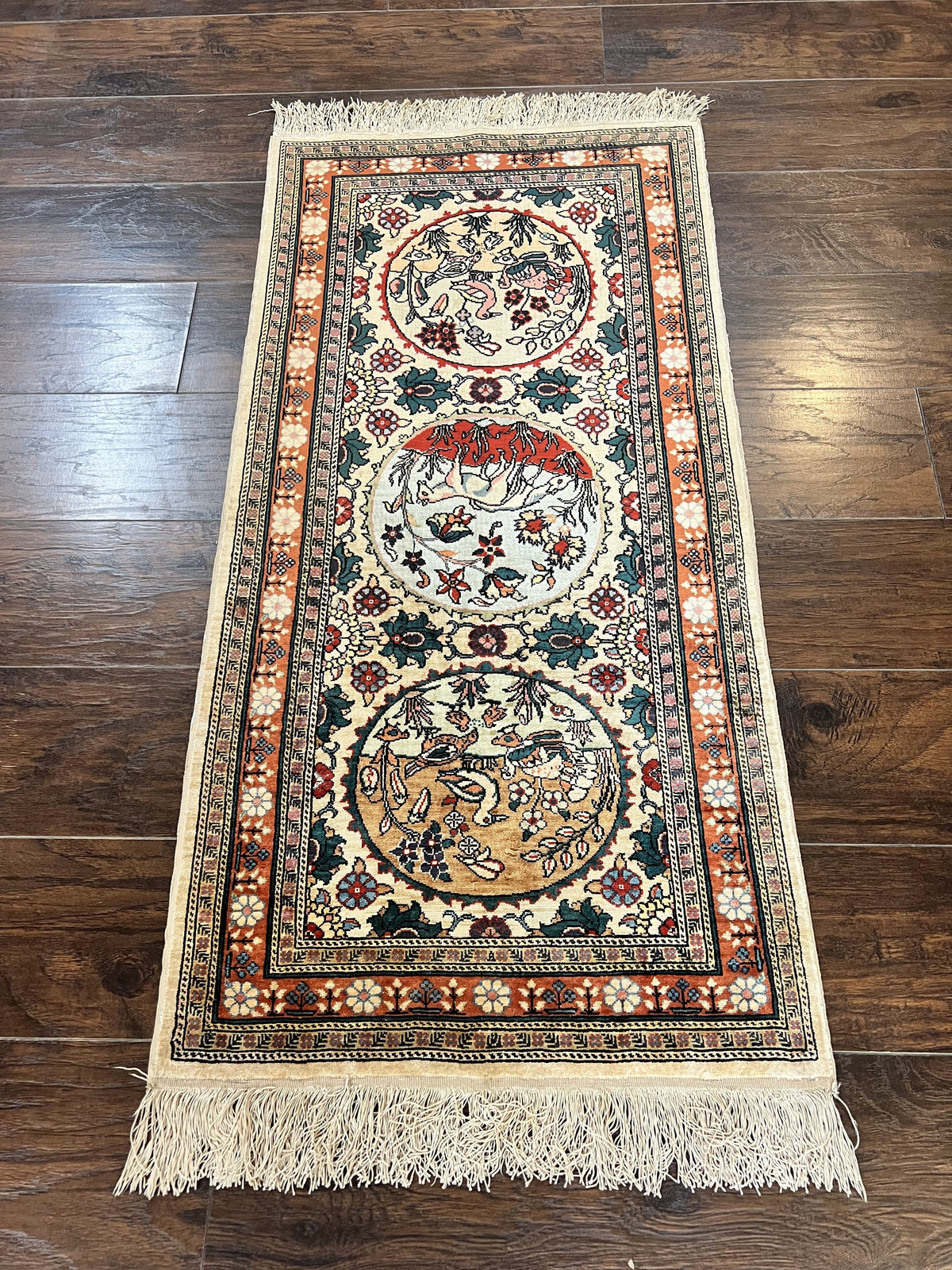 Silk Turkish Rug 2x4, Fine Handmade Oriental Rug, Animal Pictorial Birds Silk Pile on Silk Foundation Vintage Hand Knotted Hereke Carpet - Jewel Rugs, view 2