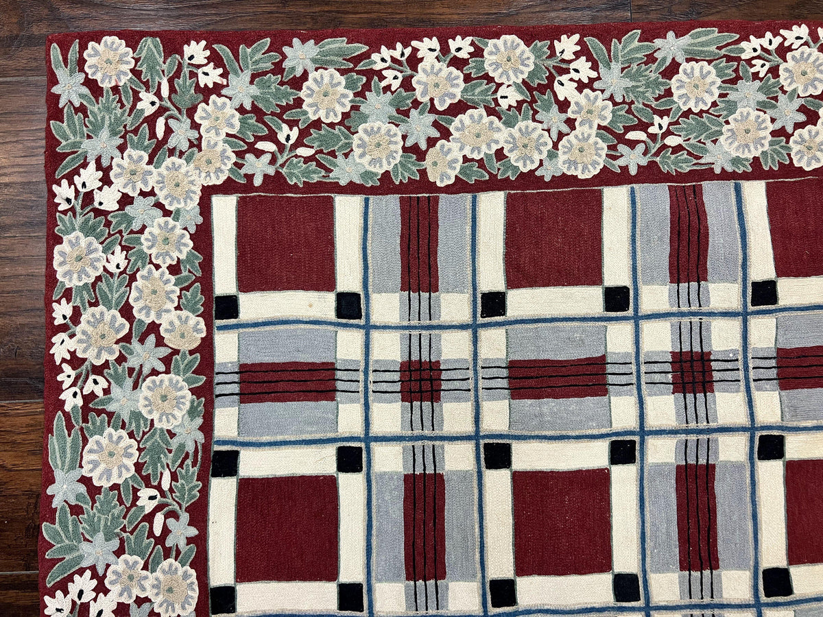 Indian Hand Stitched Rug 4x6, Vintage Carpet, Checkerboard Floral Pattern, Maroon Ivory, Flatweave, Wool - Jewel Rugs, view 7