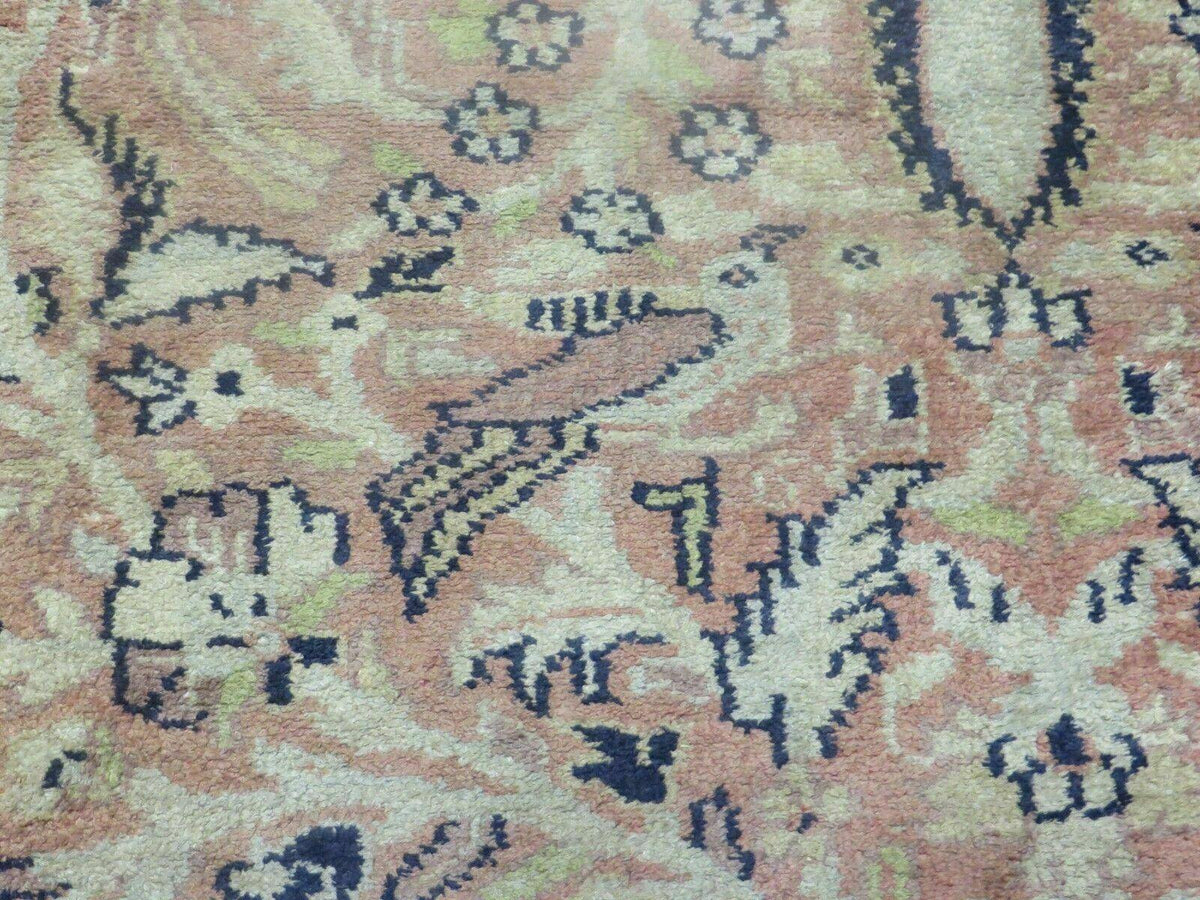 Indian Silk Rug 4x6, Indian Kashmiri Silk Carpet 4 x 6 ft, Vintage Hand Knotted Floral Bird Motifs, Light Pink and Navy Blue, Silk on Cotton - Jewel Rugs, view 13