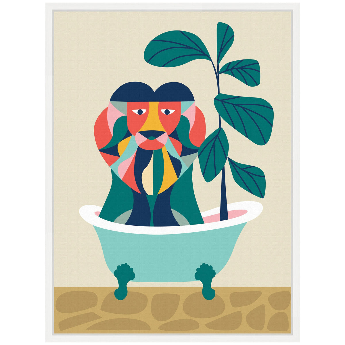 Sylvie MCM Lion in Bathtub Framed Canvas by Rachel Lee