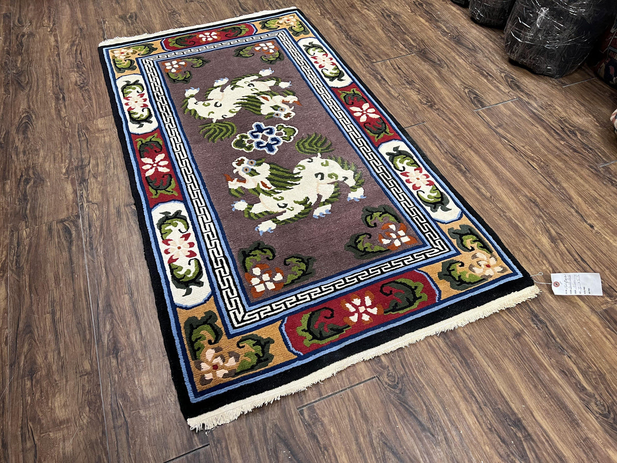 Chinese Art Deco Rug 3 x 5.5 with Animal Pictorials, Vintage Chinese Peking Wool Area Rug, Dark Puce Maroon Ivory, Hand Knotted Soft Carpet - Jewel Rugs, view 12