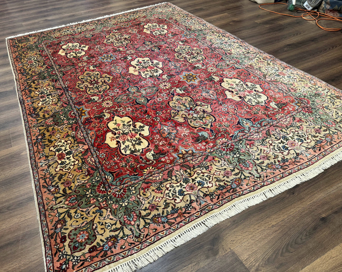 Antique Tabriz Persian Rug 7x10, Red Cream Tan, Unique Design, Fine 270 KPSI, Birds, Floral - Jewel Rugs, view 12