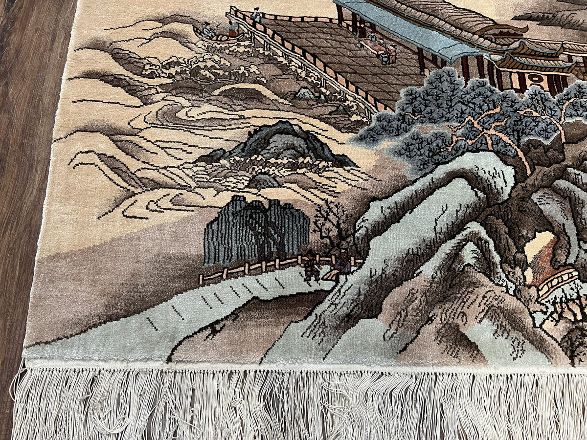 Silk Chinese Wall Hanging Rug 3x6 ft Tapestry, Pagoda Scene, Pictorial, High Quality Fine Hand Knotted Vintage, Asian Oriental Handmade Nice - Jewel Rugs, view 9