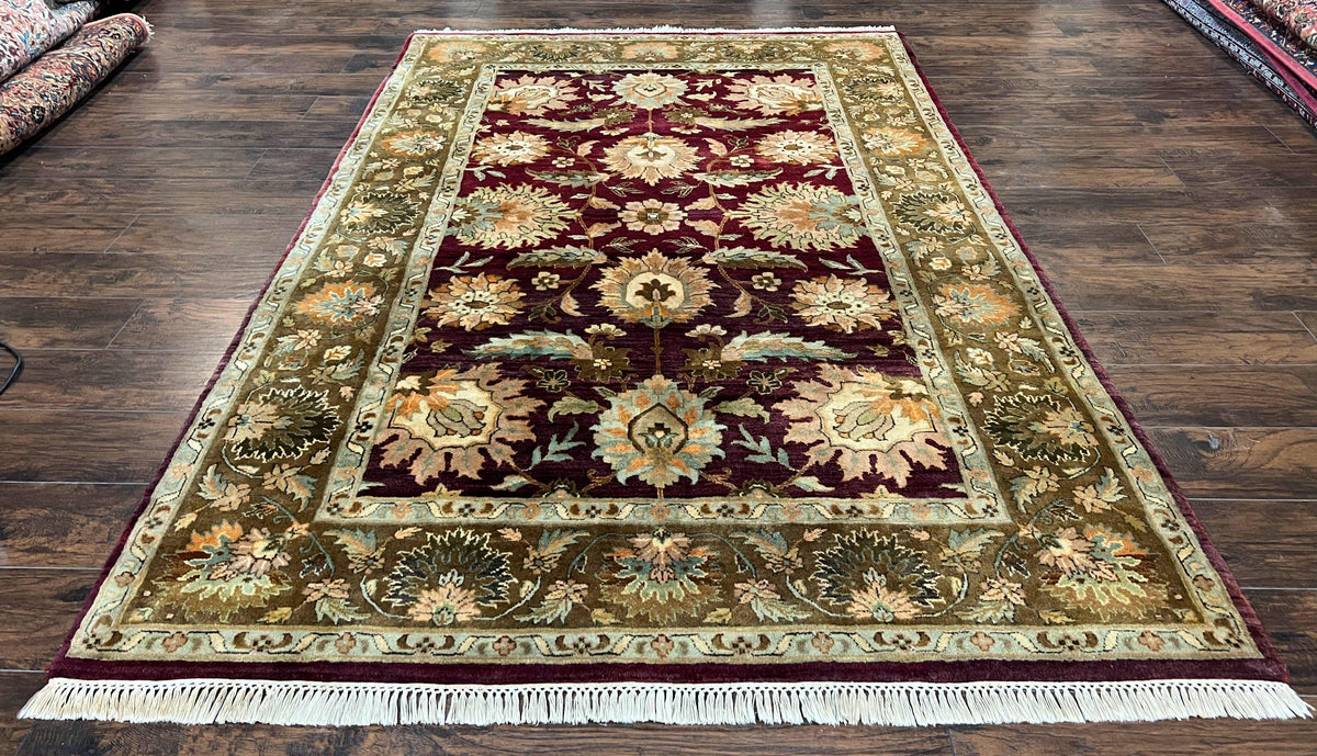 Indo Mahal Rug 6x9, Large Flowers Allover, Maroon and Green, Handmade Wool Area Rug, Vintage Rug, Indian Oriental Carpet, Hand Knotted Rug - Jewel Rugs, view 2