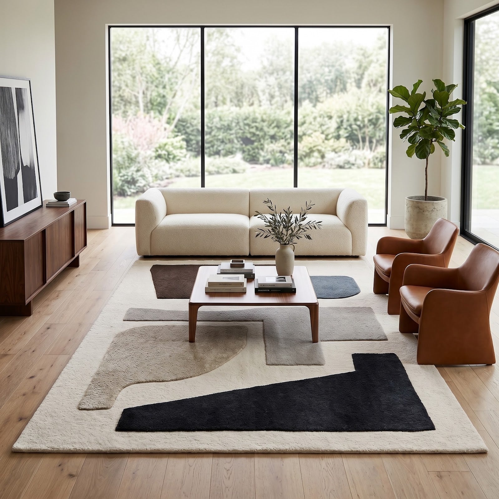 Modern Bauhaus Hand Tufted Wool Rug | Ivory, Charcoal & Taupe Geometric Abstract Area Rug — 2x3 ft'