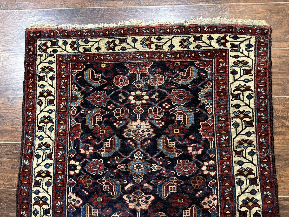 Navy Blue Antique Persian Rug 3x6, Blue and Ivory Persian Carpet, Handmade 1920s Hamadan Rug - Jewel Rugs, view 4