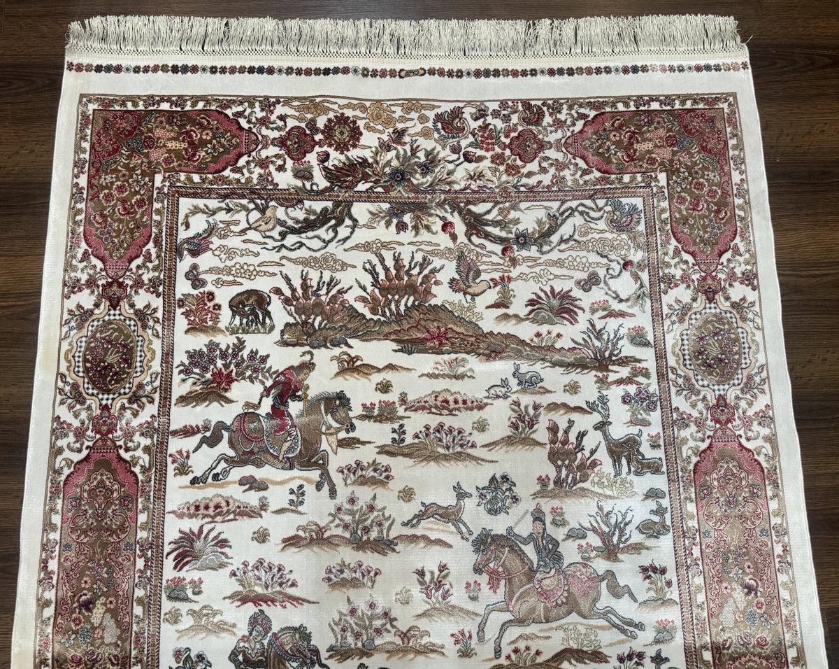 Turkish Silk Hunting Scene Rug 4x6, Ivory, Bamboo Silk, New - Jewel Rugs, view 4