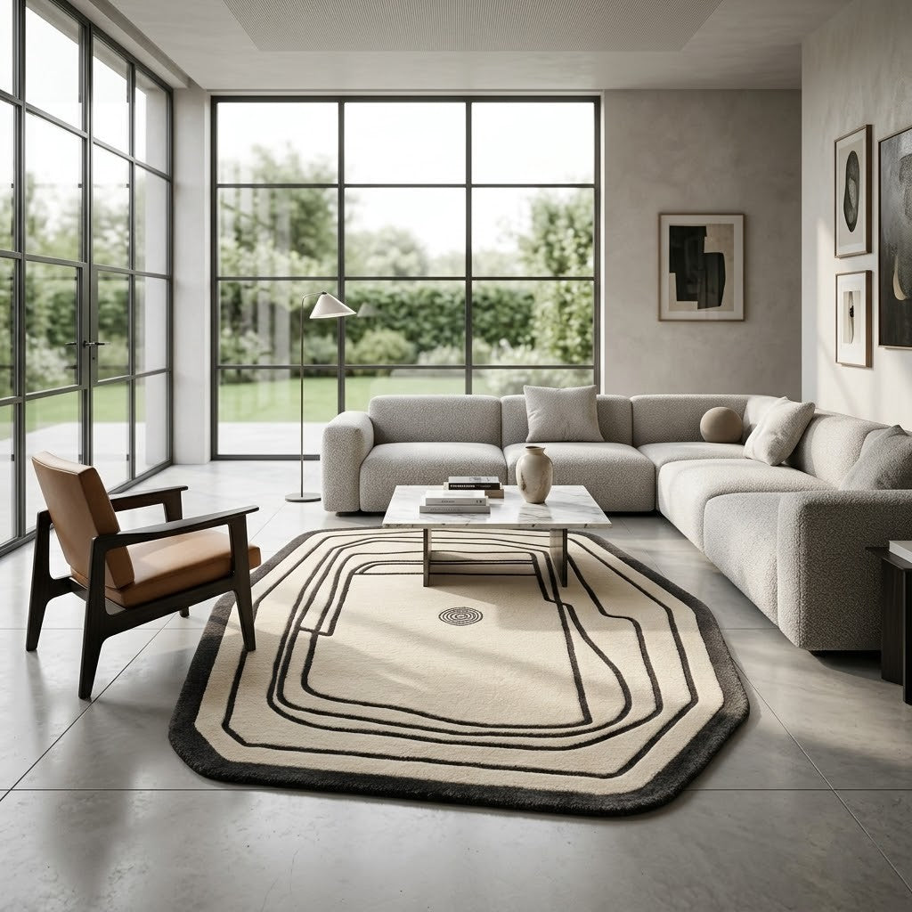 Minimalist Abstract Hand Tufted Wool Rug | Black Ivory Irregular Area Rug — 2x3 ft'