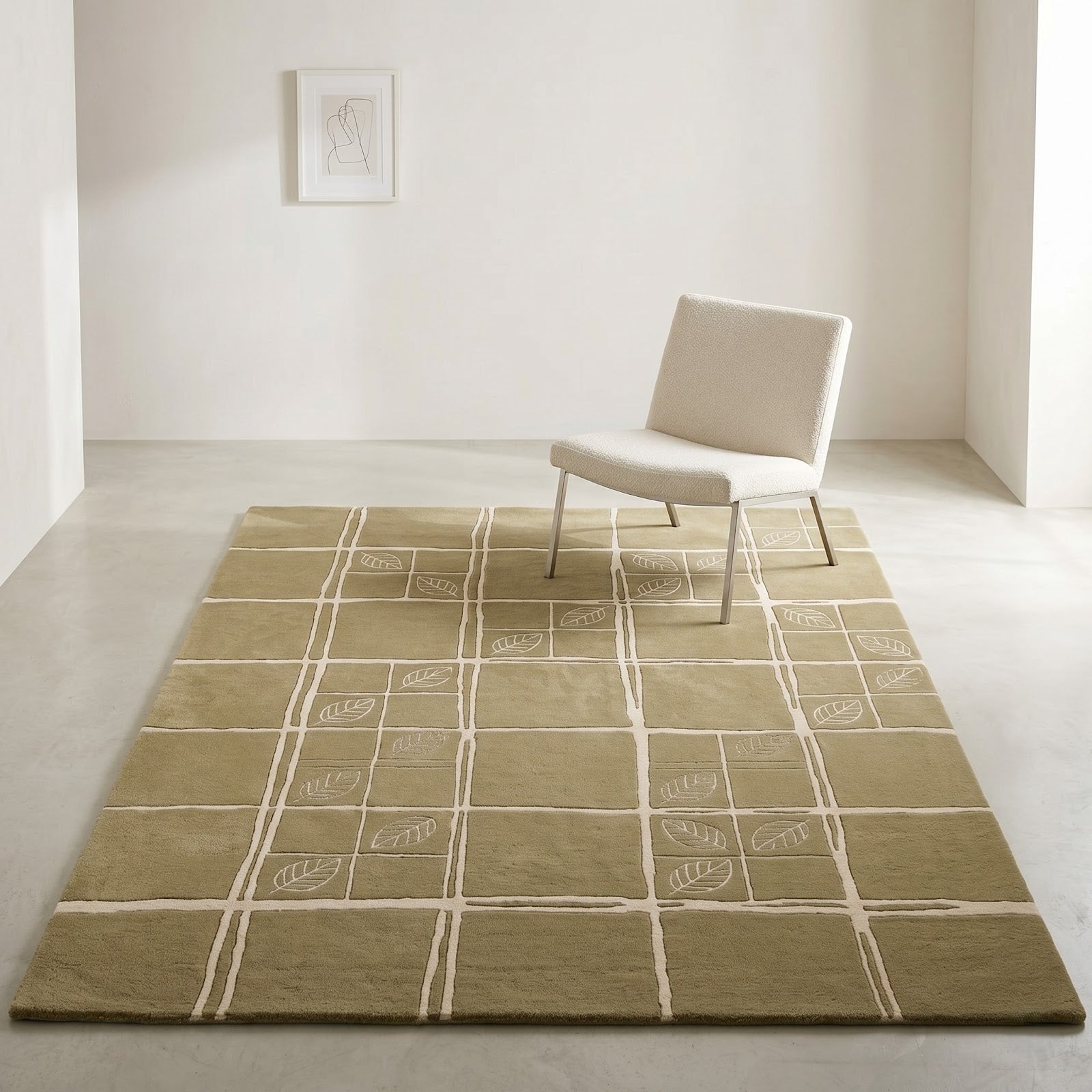 Nature Grid Hand Tufted Wool Rug | Sage Green & Ivory Botanical Geometric Area Rug — 2x3 ft'