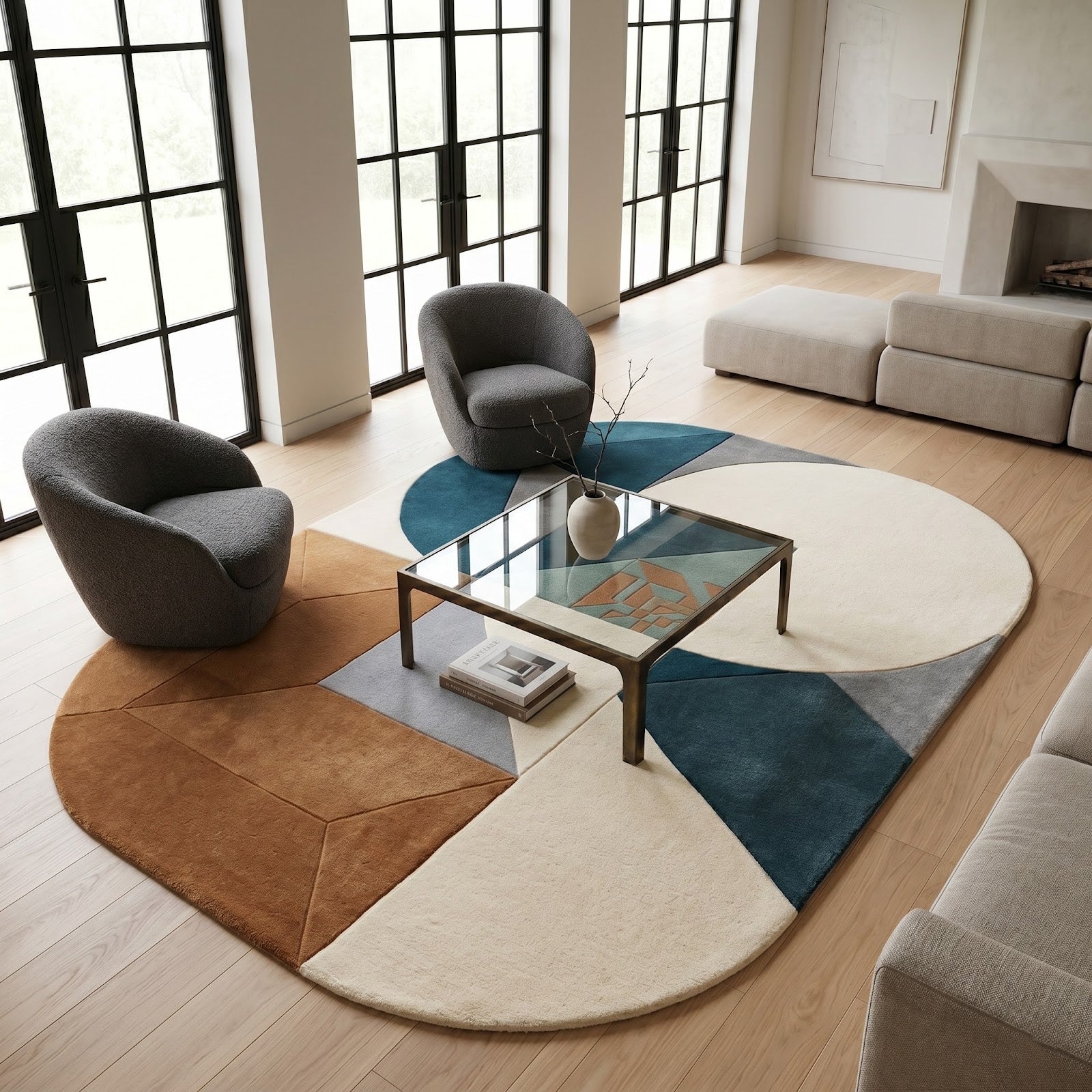 Irregular Geometric Hand Tufted Wool Rug | Modern Abstract Blue Brown Contemporary Area Rug — 2x3 ft'