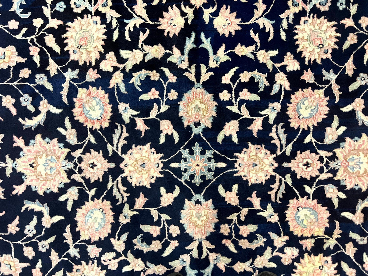 Indo Persian Rug 9x12, Navy Blue and Ivory/Cream, Floral Allover, Wool Vintage Handmade Carpet - Jewel Rugs, view 8
