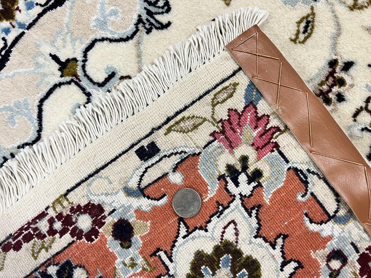 Persian Tabriz Rug 4.5  x 6.8, Finely Hand Knotted Wool with Silk Highlights Vintage Oriental Carpet, Cream and Salmon, High KPSI, Floral Medallion - Jewel Rugs, view 11