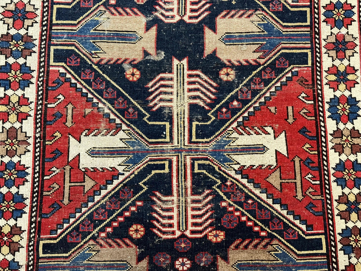 Antique Shirvan Caucasian Rug 3x5, Geometric Pattern, Red Navy Blue Beige - Jewel Rugs, view 5