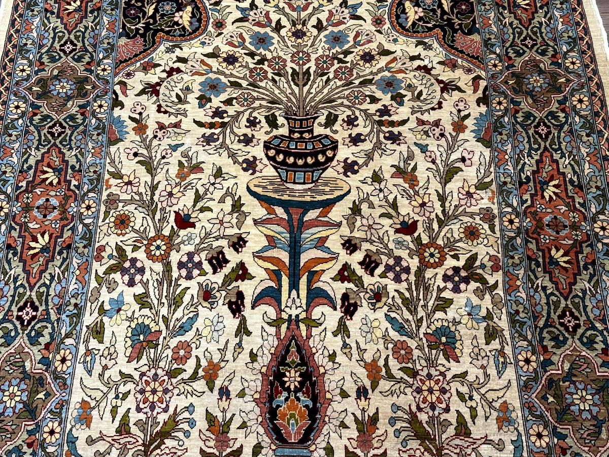 Rare Turkish Hereke Silk Rug 3x5, Tree of Life Persian Vase Design, Very Fine 440 KPSI, Signed - Jewel Rugs, view 4