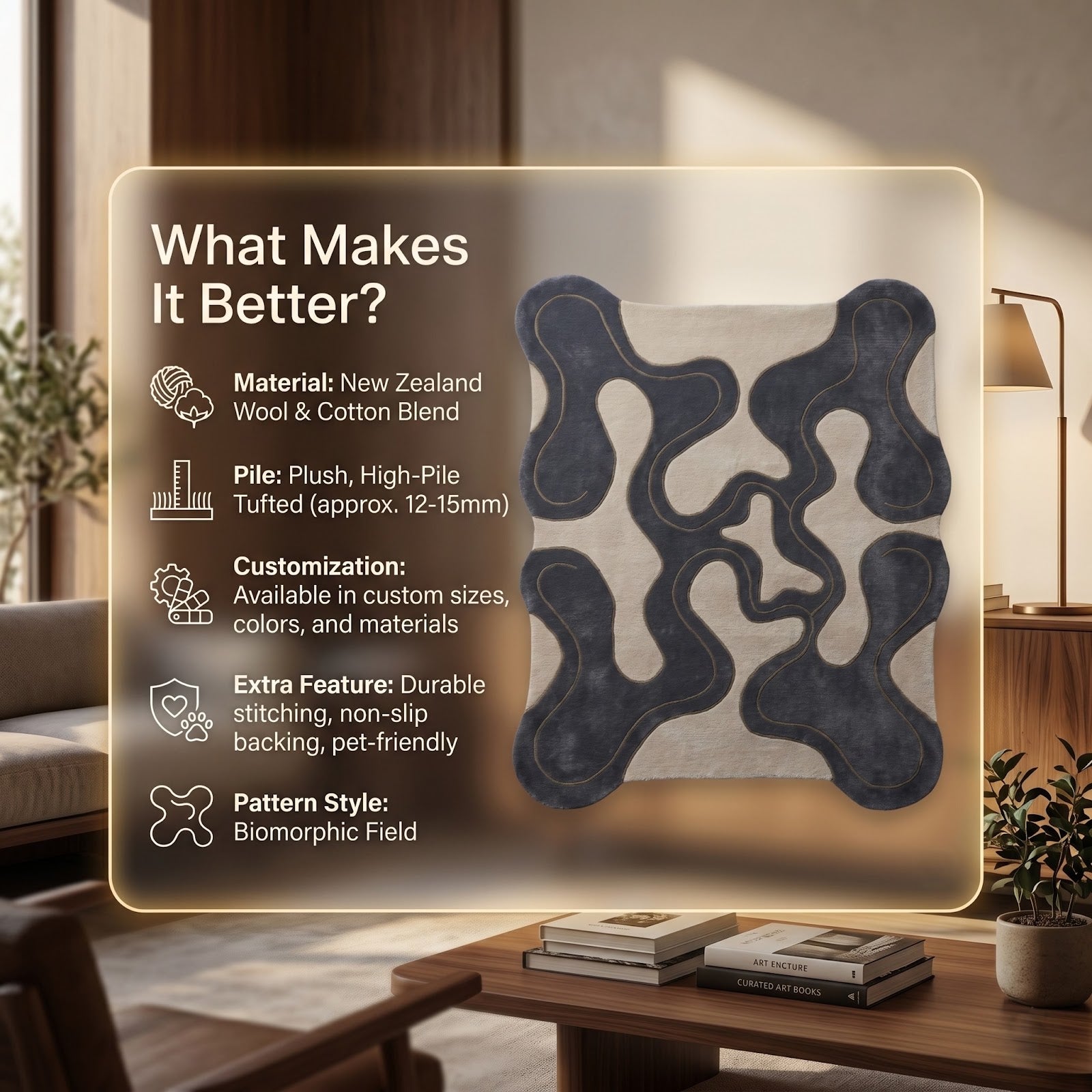Organic Flow Hand Tufted Wool Rug | Slate Blue & Ivory Biomorphic Irregular Area Rug — 2x3 ft'