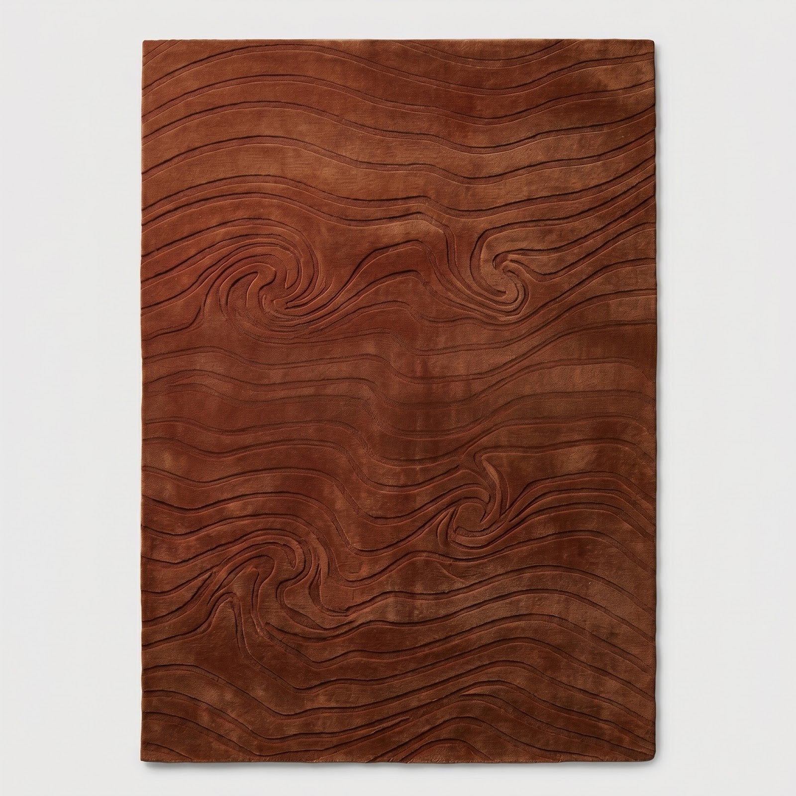 Organic Woodgrain Wave Hand Tufted Wool Rug | Terracotta Brown Sculpted Abstract Area Rug — 2x3 ft'