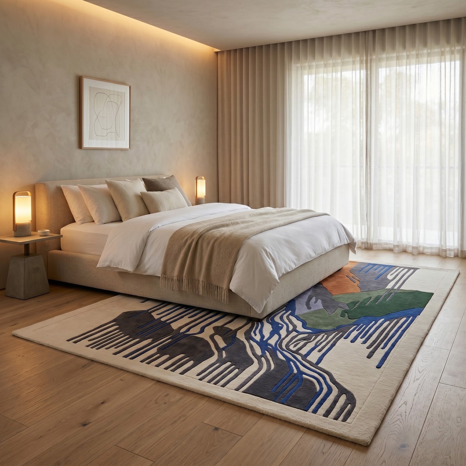 Abstract Mountain Landscape Hand Tufted Wool Rug | Modern Waterfall Art Area Rug in Blue, Green & Rust — 2x3 ft'