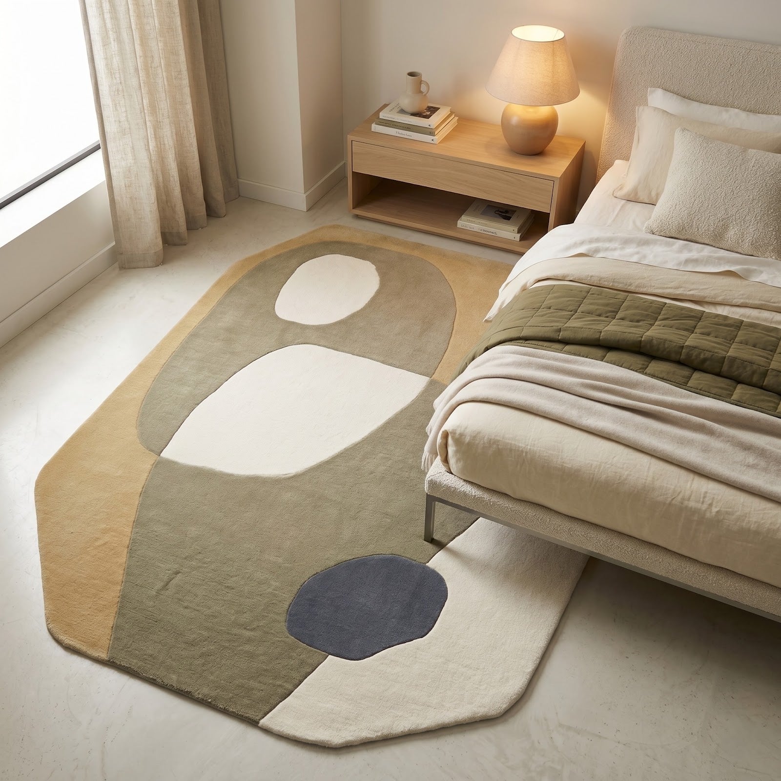 Biomorphic Abstract Hand Tufted Wool Rug | Camel, Sage Green & Ivory Organic Modern Area Rug — 2x3 ft'