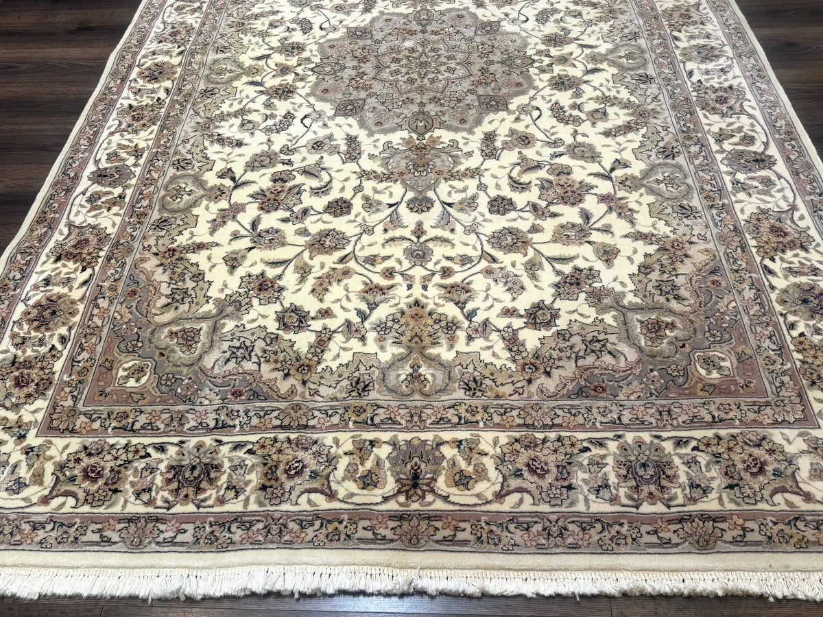 Sino Persian Rug 6x9, Floral Medallion, Ivory & Taupe, Wool with Silk Highlights, Fine 210 KPSI - Jewel Rugs, view 5