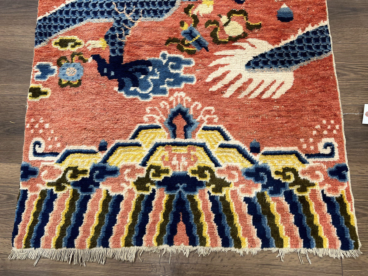 Rare Chinese Ningxia Pillar Rug 3x8, Late Qing Dynasty, 5 Clawed Dragon, Cloud Rainbow Border, Collectible Antique Carpet, Wool Hand Knotted - Jewel Rugs, view 7