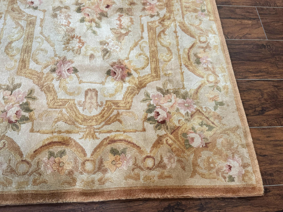 Chinese Aubusson Rug 3.6 x 5, Beige and Gold, Handmade Vintage Elegant European Design Carpet, Plush Wool, Handmade - Jewel Rugs, view 10