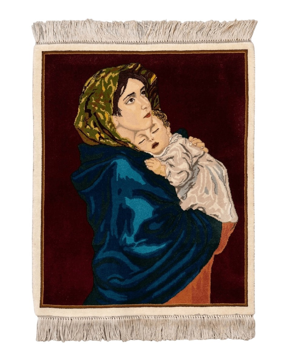Small Persian Tabriz Pictorial Rug 2x2, Mother Holding Child, Very Fine 340 KPSI, Maroon - Jewel Rugs