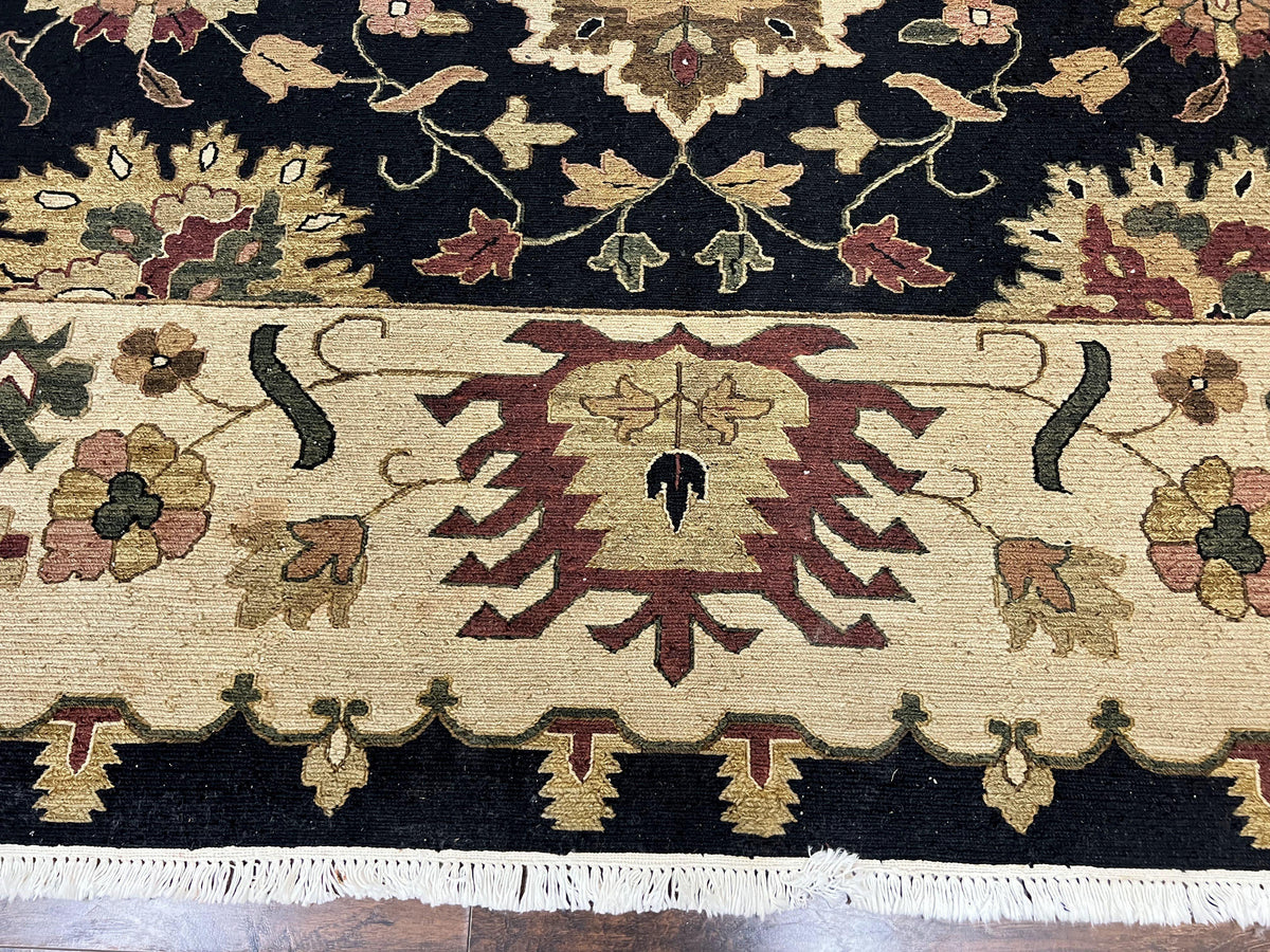 Indo Persian Rug 10x14, Wool Handmade Room Sized Floral Oriental Carpet, Indian Mahal Flatweave Rug, Black Beige - Jewel Rugs, view 6
