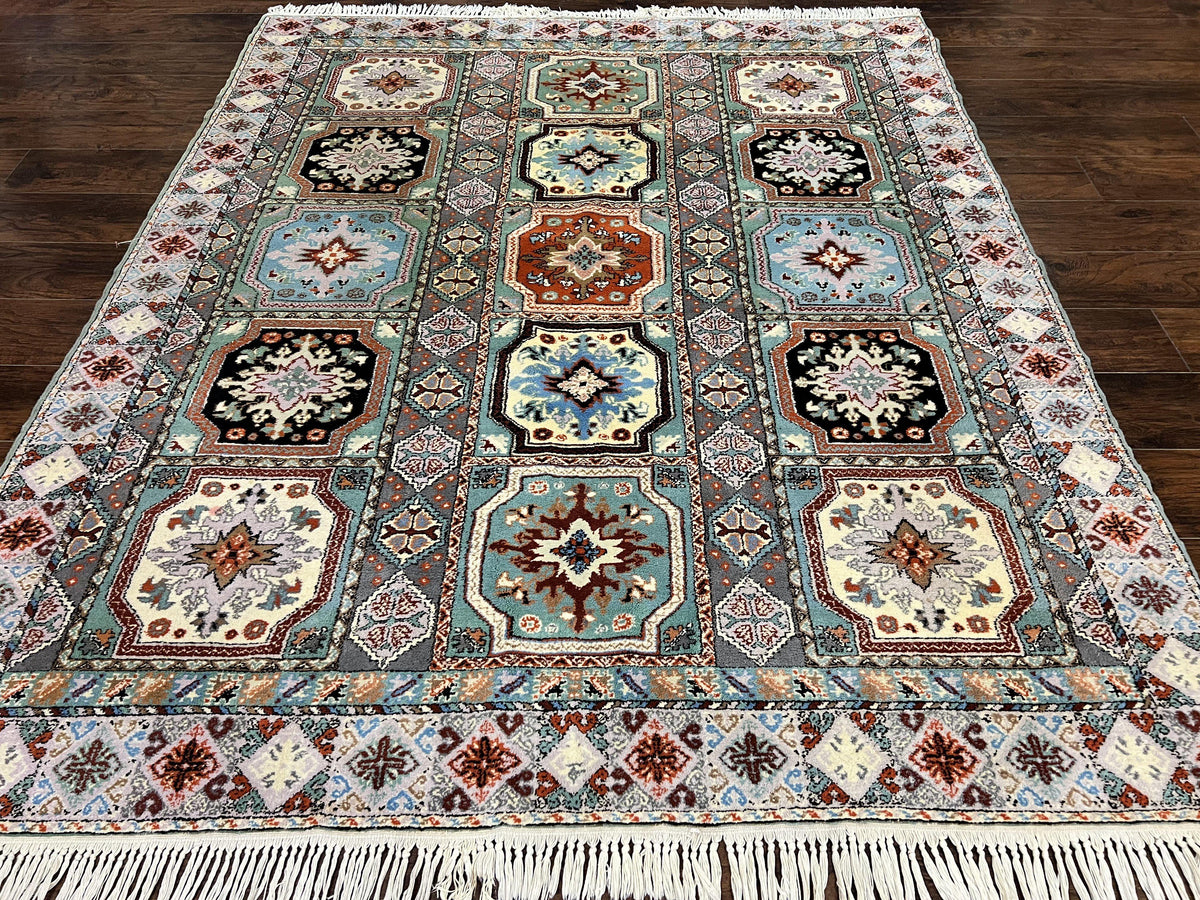 Moroccan Rug 7x8, Wool Hand Knotted Vintage Carpet, Multicolor Panel Design Oriental Rug - Jewel Rugs, view 2
