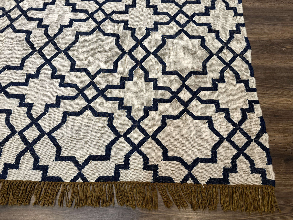 Indian Kilim Rug 8x10, Oat and Navy Blue, Dhurrie Carpet, Handmade, Wool - Jewel Rugs, view 10
