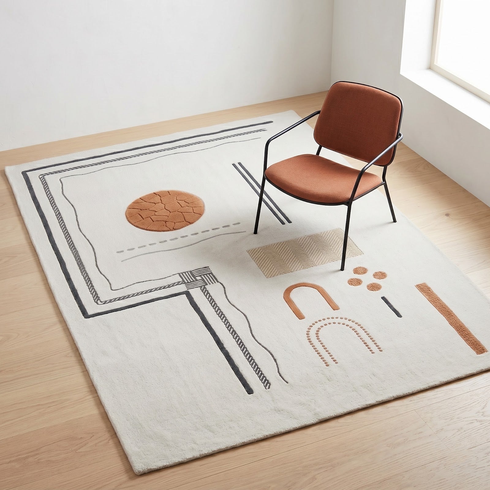 Modern Abstract Hand Tufted Wool Rug | Minimalist Geometric Ivory & Terracotta Contemporary Area Rug — 2x3 ft'