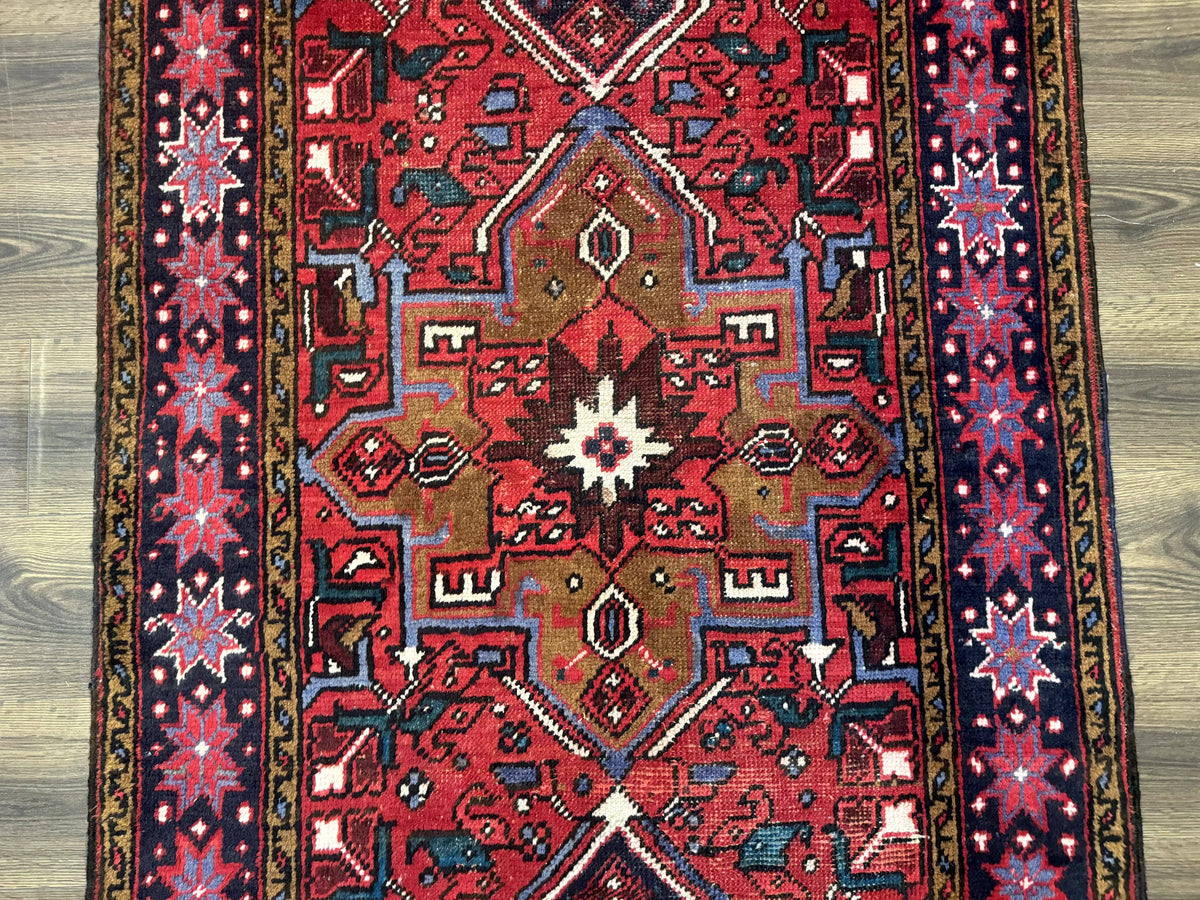 Persian Heriz Karajeh Runner Rug 3.7 x 12, Geometric Medallions, Red and Navy Blue - Jewel Rugs, view 8