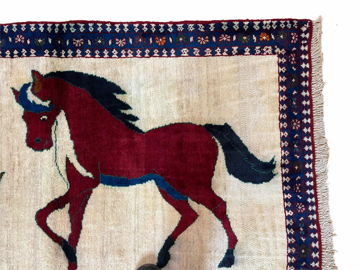 3.5 X 5 Handmade Hand-Knotted Quality Wool Pictorial Brown Horses Animal Rug - Jewel Rugs, view 4