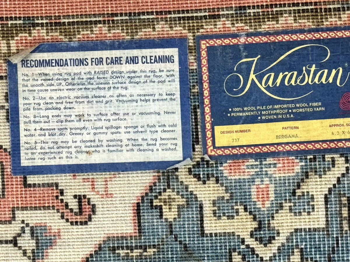 Karastan Rug 4x6 Bergama Design #737, Karastan Area Rug, Vintage Wool Karastan Carpet, Original Collection 700 Series, Salmon Red Light Blue - Jewel Rugs, view 14