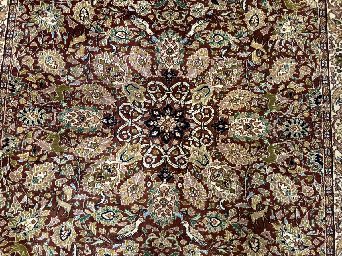 Tree of Life Indian Kashmiri Rug 6x9, Rust Red and Cream, Animal Pictorials, Fine 290 KPSI - Jewel Rugs, view 4