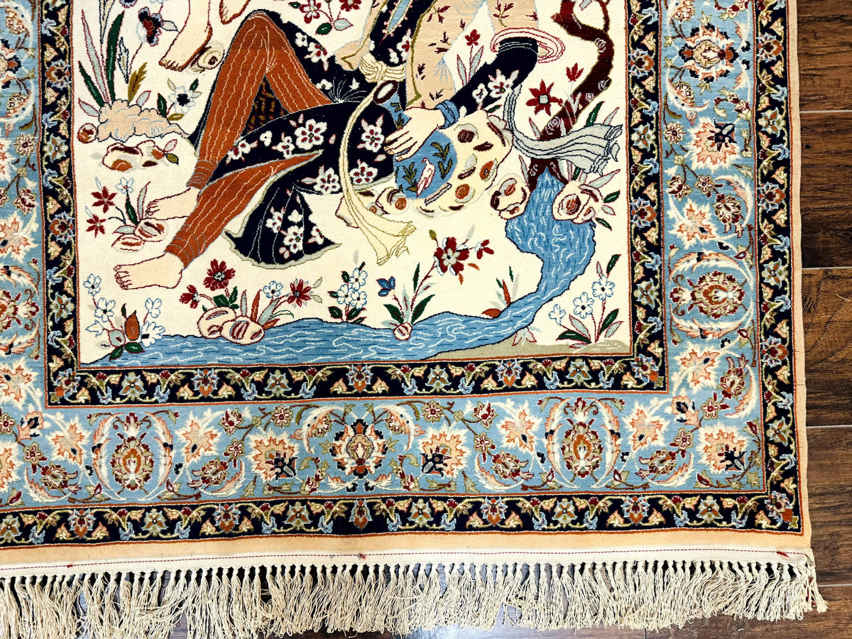 Persian Isfahan Pictorial Rug, Two Lovers, Kork Wool on Silk Foundation, Ivory and Light Blue, 500 KPSI Super Fine - Jewel Rugs, view 10