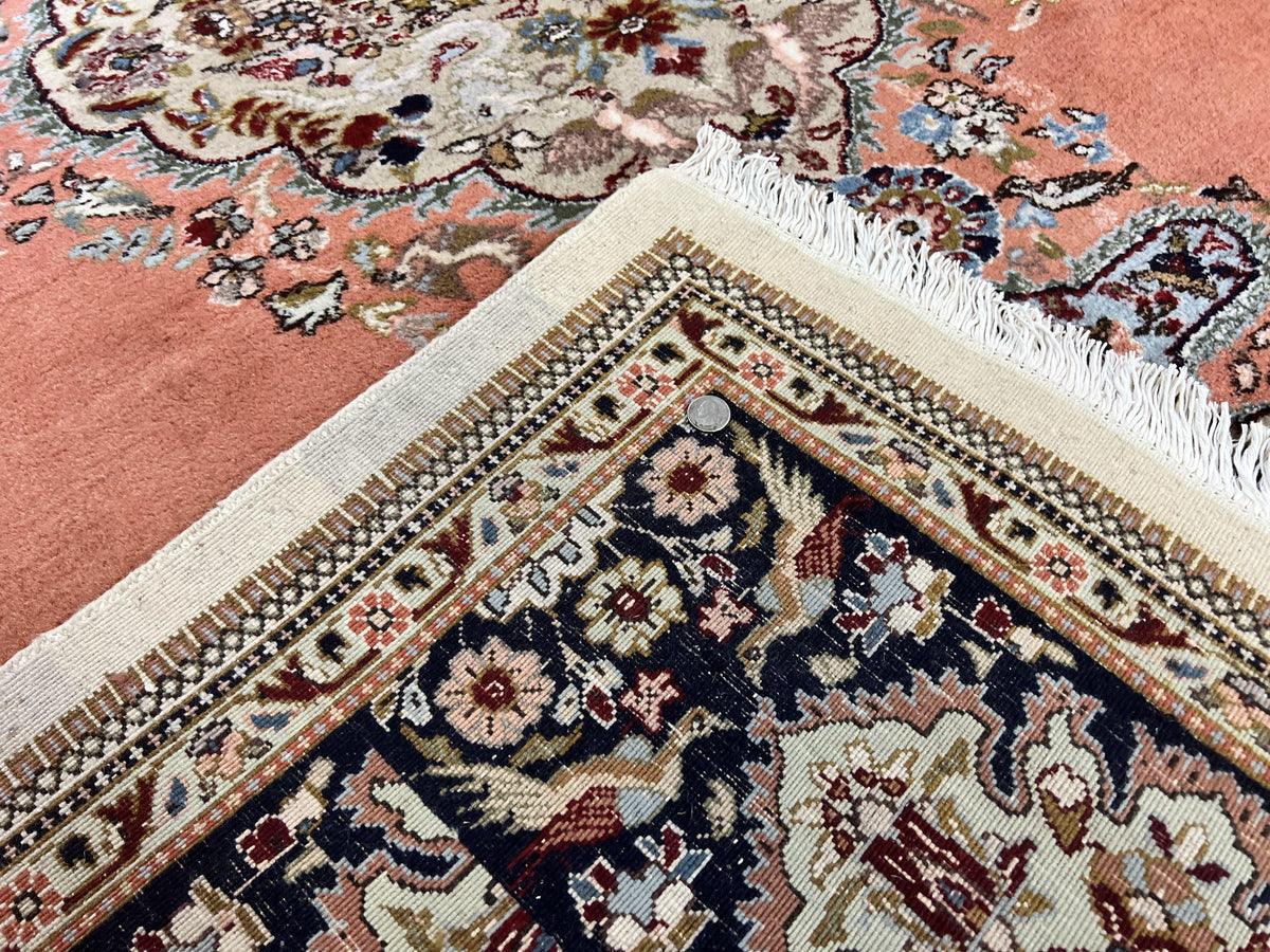 Persian Tabriz Rug 10x13, Wool Hand Knotted Vintage Carpet, Salmon Red & Ivory, Semi Open Field, Birds & Animal Motifs, Large Rug - Jewel Rugs, view 11