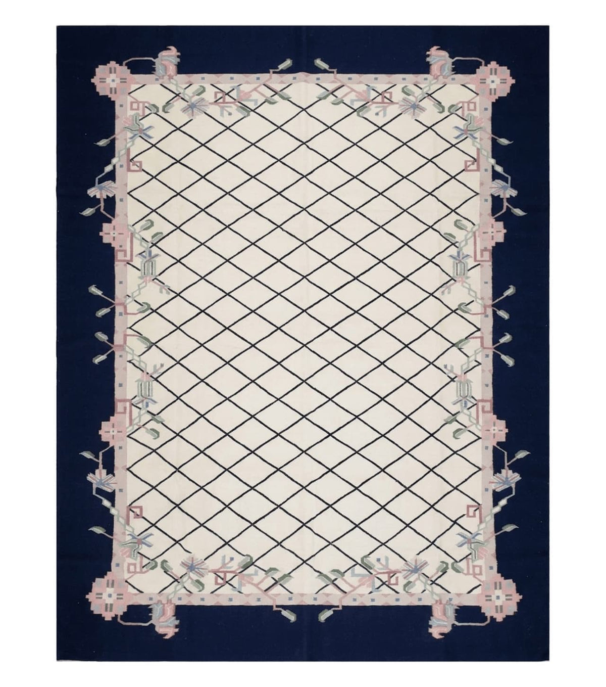 Vintage Dhurrie Rug, Indian Dhurrie 8x11 - 9x11, Wool Hand-Woven Ivory & Black Indo Carpet, Large Flat Weave Rug Living Room Rug Black White - Jewel Rugs