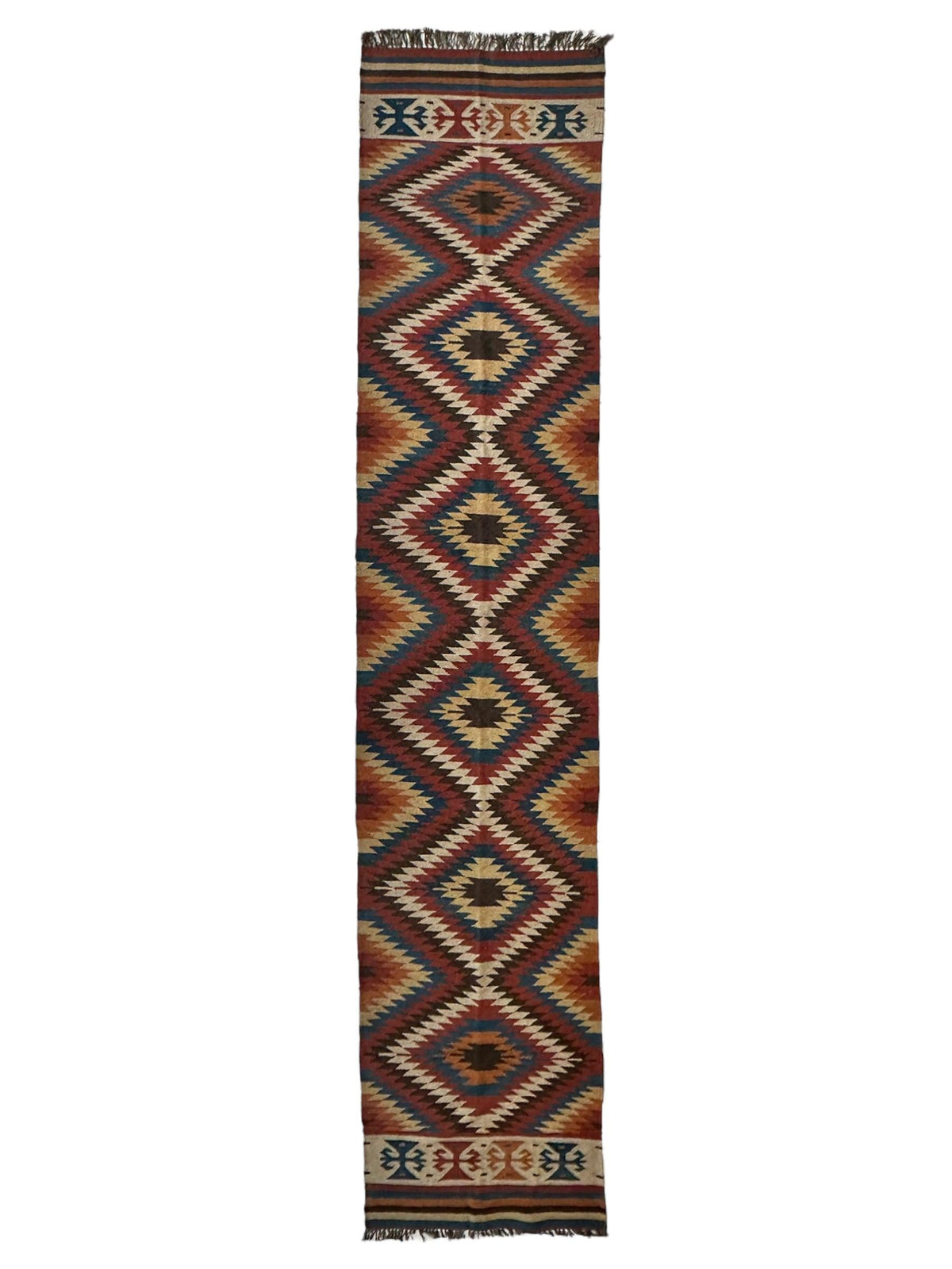Vintage Afghan Kilim Runner 3x12 | Brown, Red & Ivory | Hand-Woven Wool Flatweave - Rugistan