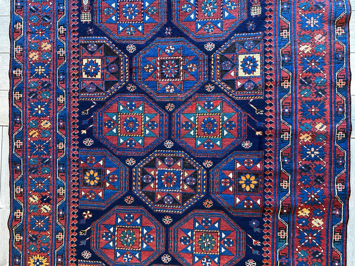 Antique Caucasian Shirvan Rug 5x10 | Navy, Red & Blue | Hand-Knotted Wool - Rugistan, view 5