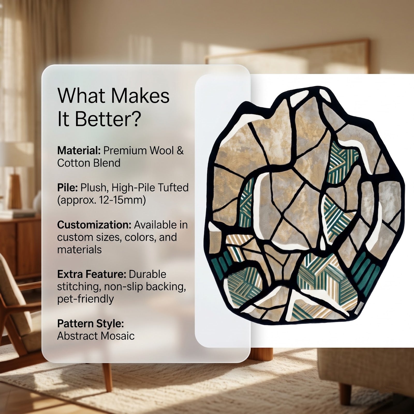 Irregular Mosaic Hand Tufted Wool Rug | Abstract Stone Pattern Green & Beige Contemporary Area Rug — 2x3 ft'