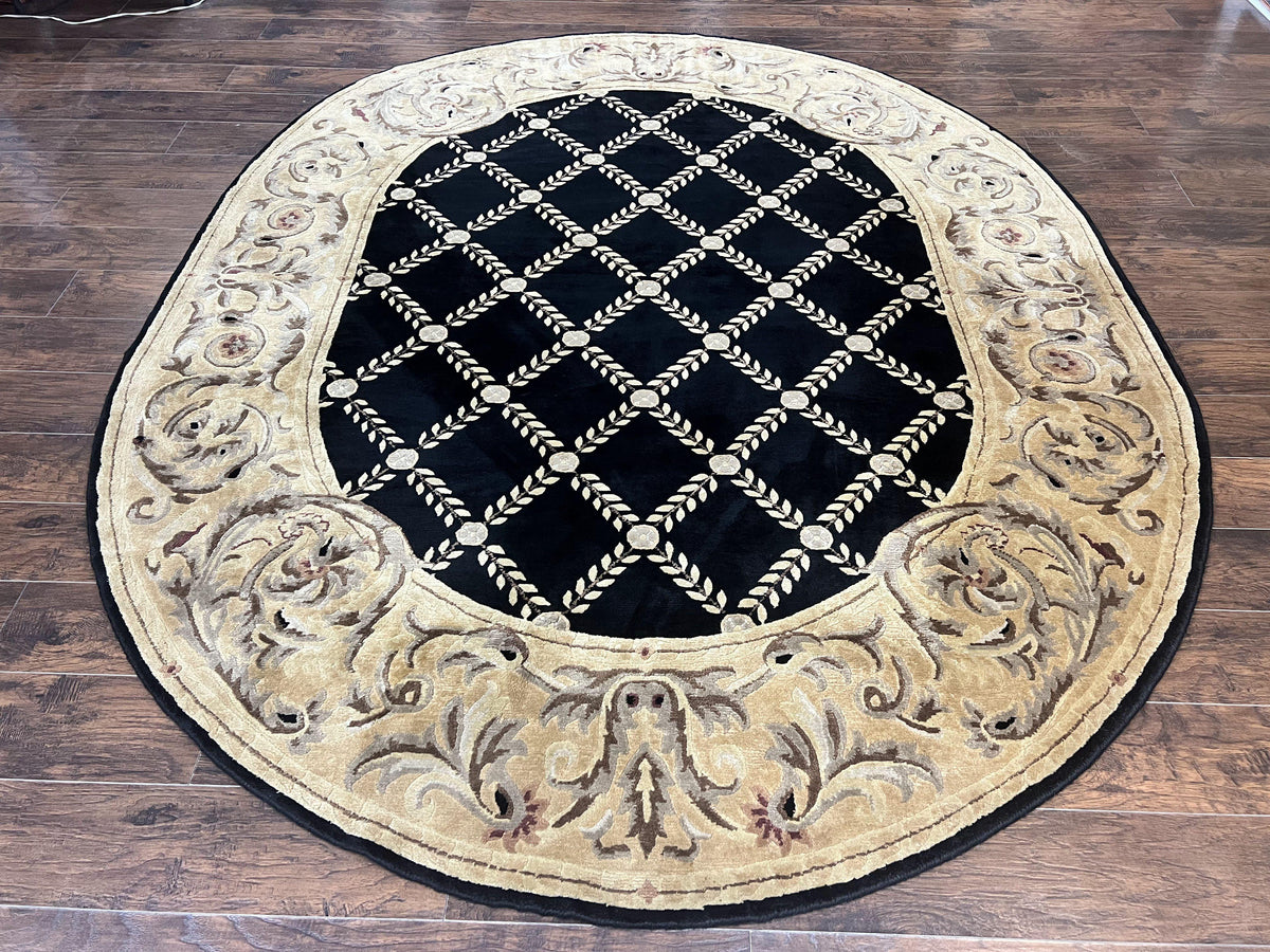 Oval Tibetan Rug 8x10, French Aubusson Design, Wool Handmade Vintage Carpet, Black & Beige, Soft Wool Pile - Jewel Rugs, view 2