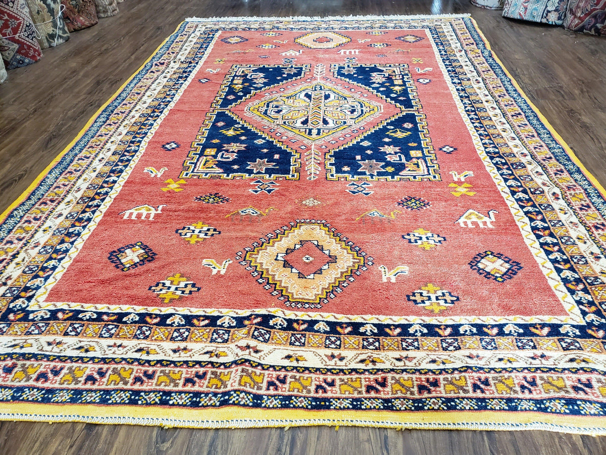 Vintage Moroccan Rug 6.6 x 9.8 ft, Tribal Bohemian Wool Hand-Knotted Carpet, 1950s Moroccan Rug, Salmon Red and Navy Blue, Room Sized Rug - Jewel Rugs, view 2